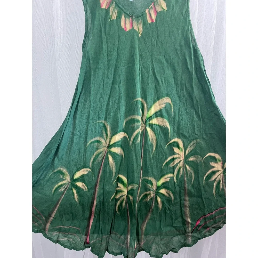 India Boutique Green Palm Tree Hand Painted Rayon Sleeveless Dress Free‎ Size
